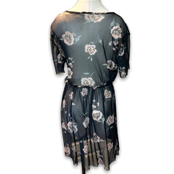 Be. You. tifull Black Mesh Midi Dress Women's Large Flower Prints Short Sleeves - Picture 3 of 8